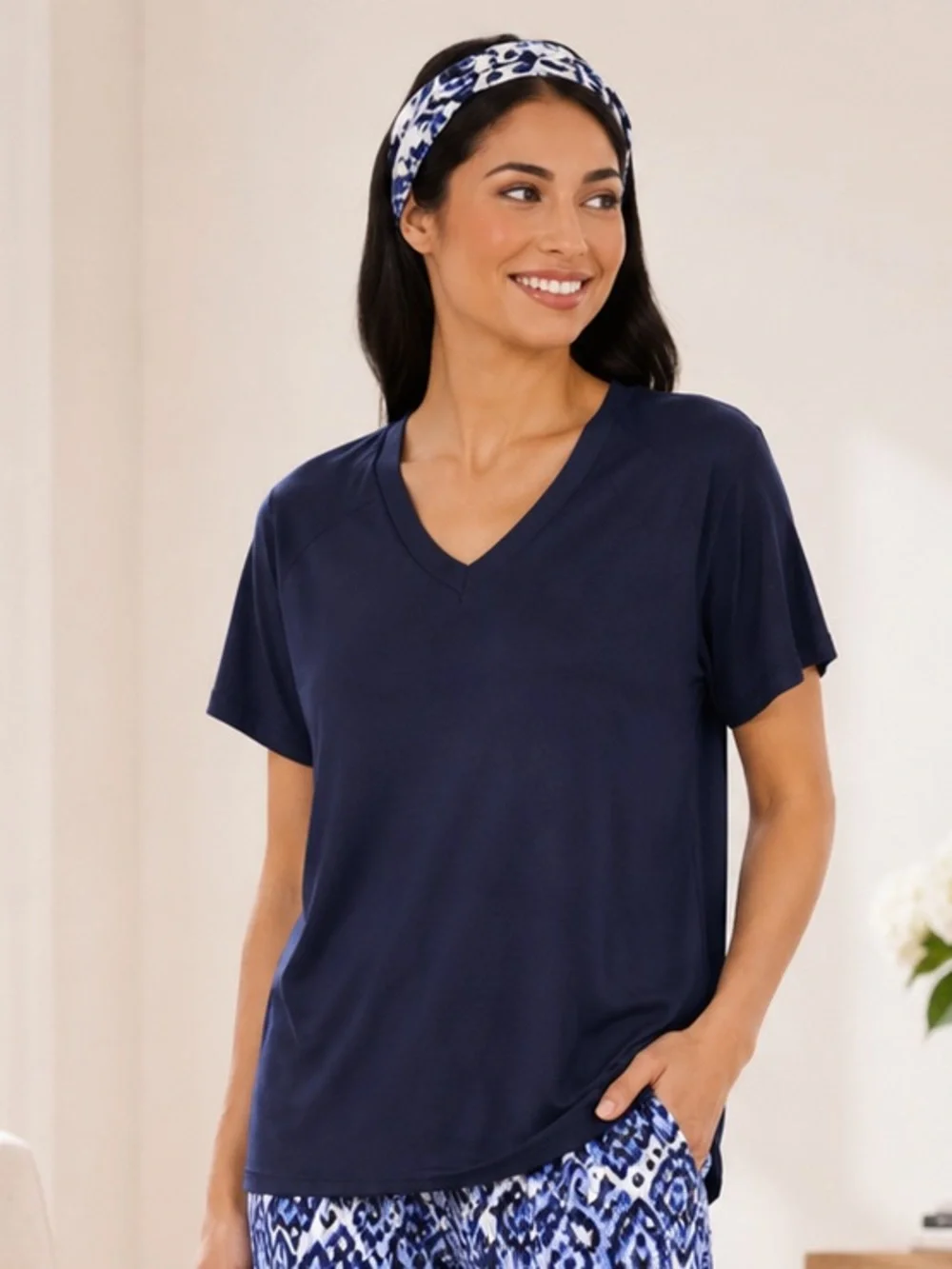 Cuddl Duds 3-Piece Capri Pajama Set Blue Geometric Headband Sleepwear NWT S
